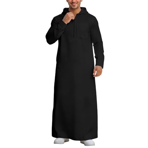 Mens Kaftan Thobe Casual Long Sleeve Zipped Hoodies Caftan Robe Muslim Gown Kurta Tops Arabic T Shirts with Pockets - color: Black, size: X-Large