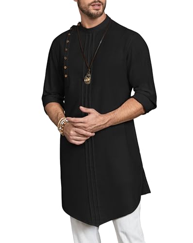 Gafeng Mens Kaftan Thobe Long Sleeve Robe Gown Casual Cotton Linen Button Muslim Shirt - color: Black, size: X-Large