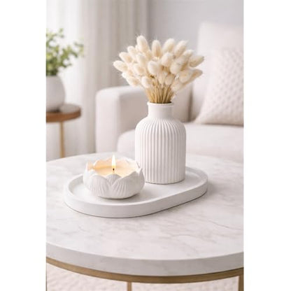 Minimalist Home Decor Set with Dried Flowers – Handmade Tray, Vase and Candle Holder – Modern Neutral Decorative Accent for Living Room, Bedroom or Bathroom