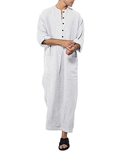 Jacansi Men's Button up Cotton Robe Long Sleeve Kaftan Thobe Long Gown Casual Shirt for Beach - color: 01-white, size: 3X-Large