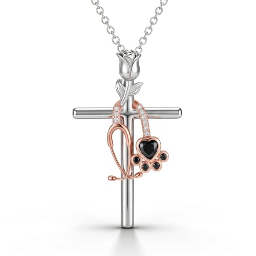 Graduation Gifts for Women 925 Sterling Silver Compass/Graduation/Vet/Cross/Stethoscope Necklace for Women - color: Cross-Vet