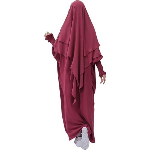 Lenmipot Islamic Women Jilbab Abayas Muslim Abaya Dress for Women Middle East Kaftan Dubai Dress Eid Prayer Clothes - color: Dark Red