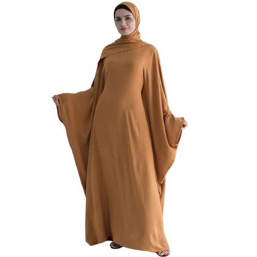 ODIZLI Abayas For Women Muslim Dubai Full Cover Kaftan Shirt Dress Batwing Sleeve Prayer Dress With Hijab - color: Brown + Hijab, size: One Size