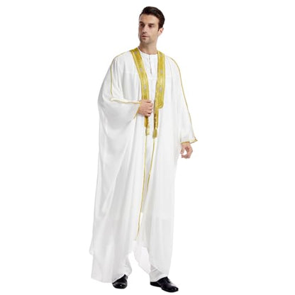 FYMNSI Men's Robe Muslim Clothes Kimono Loose Abaya Dresses Long Sleeve Embroidered Chiffon Kaftan Casual Formal Dubai Thobe - color: White, size: Large