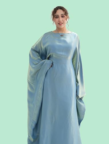 Dubai Bat Sleeve Dress Shiny Robe for Women Muslim 1pc Abaya Eid Prayer Clothes Soft Dubai Travel Party Dress Maxi Abaya - color: Greena, size: Medium