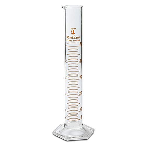 50ml Graduated Cylinder, Borosilicate 3.3 Glass, Single Metric Scale, Class B, Karter Scientific 213I41 (Pack of 6) - size: 50ml, style: Pack of 6