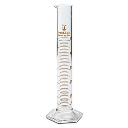 50ml Graduated Cylinder, Borosilicate 3.3 Glass, Single Metric Scale, Class B, Karter Scientific 213I41 (Pack of 6) - size: 50ml, style: Pack of 6
