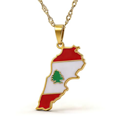 Fashion Stainless Steel Lebanon Map Pendant Flag Necklace - color: Gold