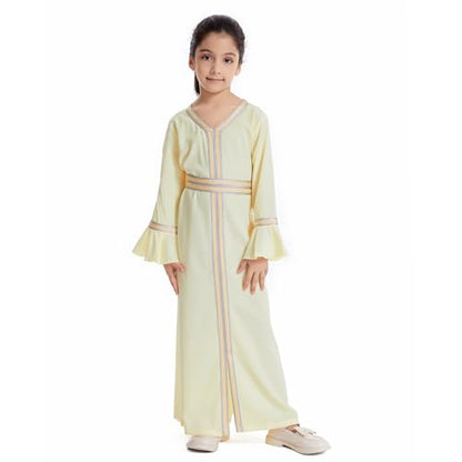 Girls Abaya Muslim Dress Hijab Islamic Kids Kaftan Long Sleeve Modest 2 Piece Set Prayer Gown Middle East A2 - color: Yellow, size: 4-5 Years
