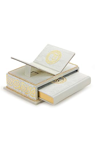 SODEF Quran Set with Tabletop Lectern and Velvet Box Rahiya Series White - Arabic Text, 601-650 Pages, Islamic Gift Set
