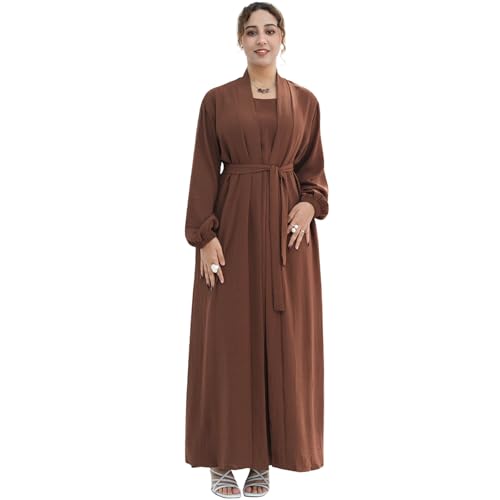 Women's Muslim Dress Two Pieces Set Islamic Prayer Abaya Modest Solid Color Muslim Outfits - color: Coffee Abaya, size: XX-Large