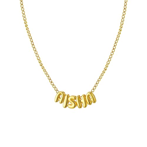 Ldurian Personalized Bubble Name Necklace, Tiny Name Plate Pendant Necklace, 14K Gold Plated Charm Cute Pre-made Jewelry for Women - size: 13 Aisha