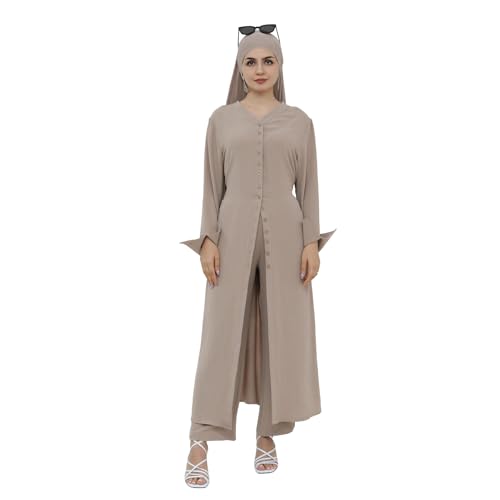 IDOPIP Muslim Women 2-Piece Set Long Sleeve Ramadan Islamic Abaya Dress Shirt with Pants Loose Fit Casual Dubai Prayer Outfit - color: Light Khaki, size: Medium-Large