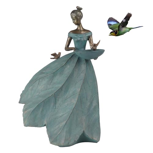 DiliComing Large Garden Fairy Statue Bird Feeder & Bird Bath - 23-Inch Resin Outdoor Yard Decor Angel Statue, Decorative Girl Sculpture for Garden, Lawn, Patio - color: Green-23 Inch