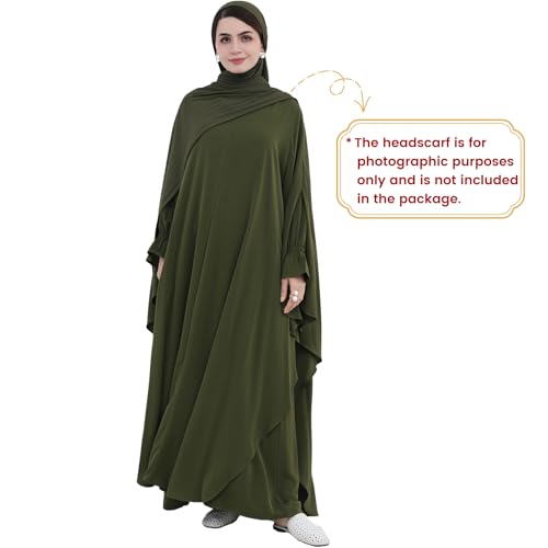 2PCS Women's Muslim Abaya Dress Lace Cuffs Islamic Dubai Prayer Robe Smooth Flowy Muslim Women Clothes - color: Army Green, size: X-Large