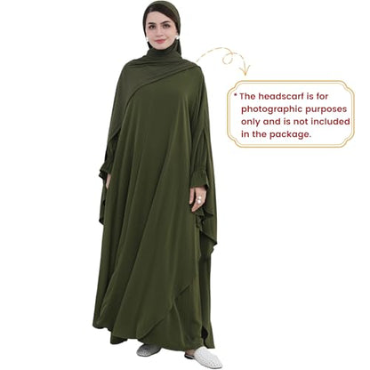2PCS Women's Muslim Abaya Dress Lace Cuffs Islamic Dubai Prayer Robe Smooth Flowy Muslim Women Clothes - color: Army Green, size: X-Large