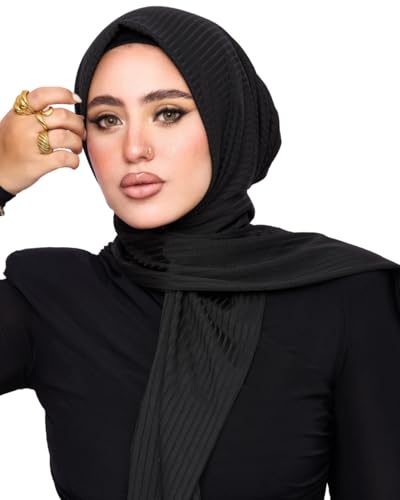 Instant Hijab For Women | Head Wrap100% Cotton Rib Headscarf | Easy to Wear Hijabs with Metal Pin - color: Black