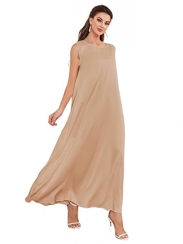 Modest Sleeveless Inner Dress for Abaya Muslim Women Maxi Long Slip Under Dress Prayer Islamic Dubai TurkeyJilbab Clothing - color: Khaki, size: Large