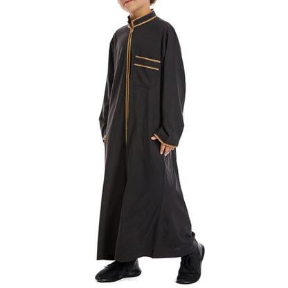 Muslim Abaya Islamic Thobe for Boys Long Sleeve Solid Festive Clothes Teen Kids Cozy Ramadan Prayer Thobe with Pocket - color: Black, size: 3-4T