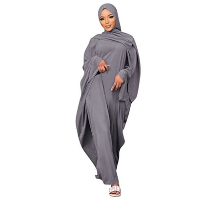 Muslim Dress for Women Pakistani Kaftan Abaya Robe + Hijab Arabic Islamic Prayer Clothes Dubai Outfits - color: Grey Set