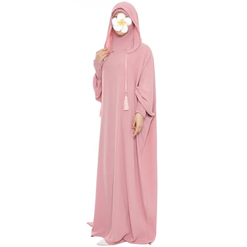 khalat 무슬림 기도 드레스 아바야 단색 원피스 후디 아바야 드레스 여성용 롱 맥시 드레스 이슬람 두바이 질밥 - color: 핑크