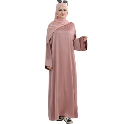 Muslim Praying Dress for Women Silk Glossy Back Zipper Robe Wear Gold Trim Modest Abaya Dress with Hijab - color: Pink, size: Small