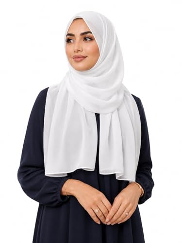 Women’s Chiffon Hijab Scarf - Heavyweight Solid Color Shawl & Wrap, Soft Breathable Headwrap for All Seasons - color: Mcgjxfs2604-white