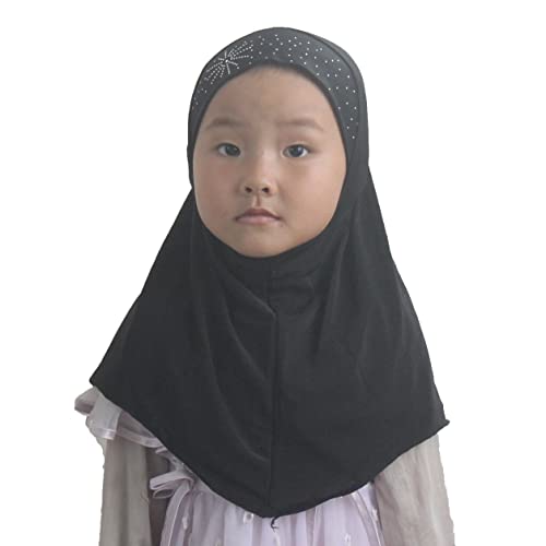 Girls Kids Muslim Hijab Islamic Scarf, Shawl with Rhinestone, Ready-to-Wear Daily Scarf for Ages 3-8 - color: Black