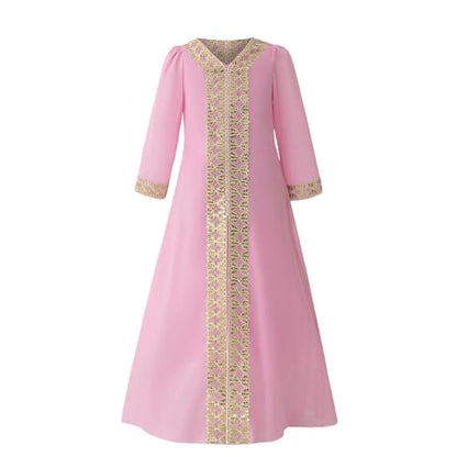 Toddler Girls Muslim Abaya Dress Islamic Dubai Modest Lace Belted Dress Abayas Kaftan Eid Prayer Clothes Arabian Maxi Robe - color: Pink-c, size: 5-6 Years