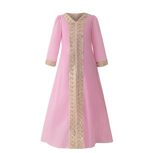 Toddler Girls Muslim Abaya Dress Islamic Dubai Modest Lace Belted Dress Abayas Kaftan Eid Prayer Clothes Arabian Maxi Robe - color: Pink-c, size: 5-6 Years
