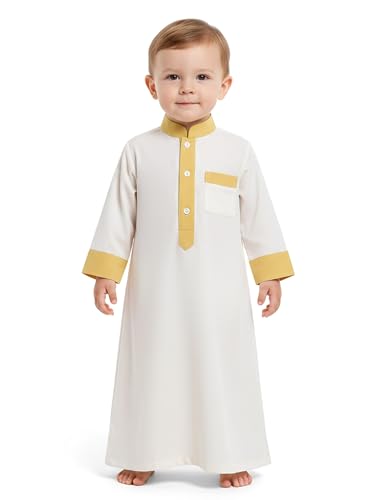 IWEMEK Toddler Baby Boy Muslim Thobe Prayer Robe Infant Kaftan Abaya Arabic Newborn Ramadan Outfit Dubai Islamic Clothing - color: Apricot, size: 9-12 Months