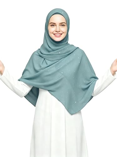 Lina & Lily Sparkle Shimmer Gold Glitter Women's Chiffon Hijab Head Scarf Shawl Wrap Lightweight - color: Ice Blue