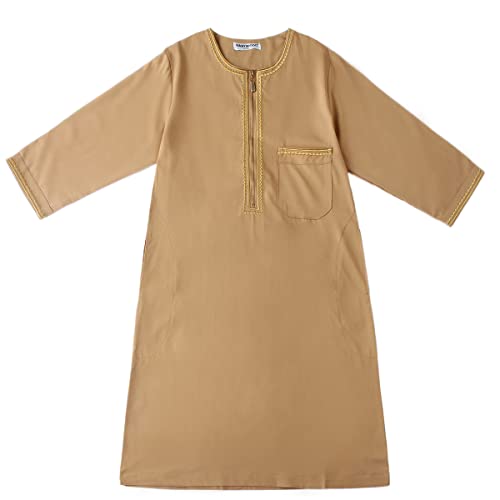 IDOPIP Muslim Boys Thobe for Kids Islamic Arabic Middle East Loose Kaftan Robes Long Zipper Prayer Thobes Dress with Pockets - color: Camel - Zipper, size: 13-14 Years