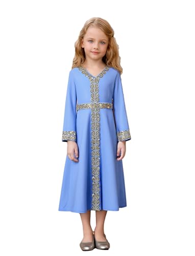 OBEEII Girls Muslim Abaya Ramadan Long Bell Sleeve V Neck Sequins Church Prayer Dress with Belt Islamic Eid Robe Kaftan - color: Blue-sequins, size: 4-5 Years