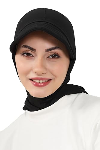 Aisha's Design Full Coverage Cotton Bonnet Hijab with Visor Modest Underscarf Bonnet - color: Black