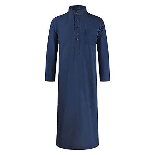 Men's Saudi Arabic Thobe Jubba Dishdasha Long Sleeve Robe Ramadan Muslim Dress Middle East Islamic Clothing (328# Navy, L)