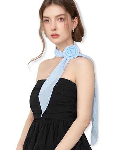 Chiffon Scarf for Women, Removable Flower Neck Scarf Light Soft Fashion Rose Scarves Versatile Headband or Hair Band - color: Light Blue