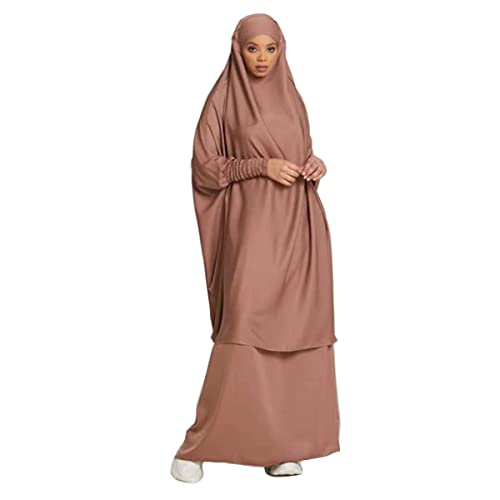 Women Muslim 2 Set Solid Color Plus Long Sleeve Thobe One-size Longuette Overall Abaya Thobe with Hoodied Hijab - color: Brown