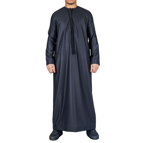 Men's Thobe Emirati Omani Jubba Islamic Clothing Muslim Kaftan Eid Robe String Tassel|Black - color: Black Regular, size: XX-Large