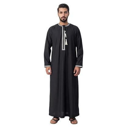 Kaftan for Men Muslim Gown Islamic Thobe Shirts Ramadan Abaya Dubai Arab Robe Long Sleeve Middle Eastern Kaftan - color: Black, size: X-Large