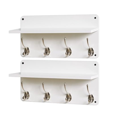 YMYNY 31.5" Coat Rack Wall Mount with Shelf and 8 Hooks, White, HWS006W-2 | 2 Pack Coat Hooks Key Holder Wall Mount, Wood Wall Mounted Coat Rack with Wall Hooks for Hanging, Towel Hooks for Bathroom - color: White