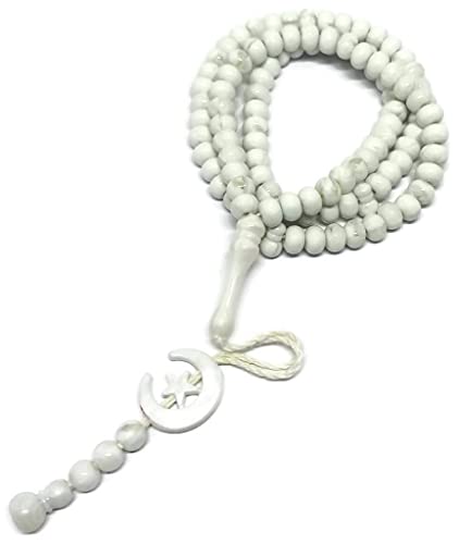 Islam Prayer Tasbih 99 Beads AMN-303 Muslim 8 mm. Rosary Bead Moon Star Decorated Tassels Haj Eid Ramadan Gift (White) - color: White