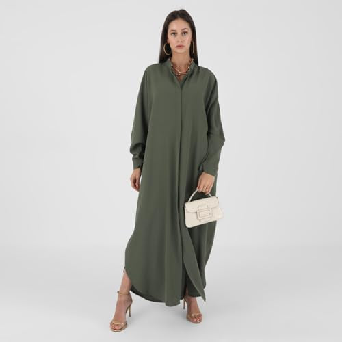 IKADEX Women Batwing Sleeve Abaya Button Loose Fit Long Maxi Muslim Dress Islamic Kaftan Prayer Robe - color: Army Green