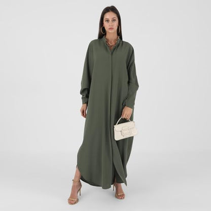 IKADEX Women Batwing Sleeve Abaya Button Loose Fit Long Maxi Muslim Dress Islamic Kaftan Prayer Robe - color: Army Green