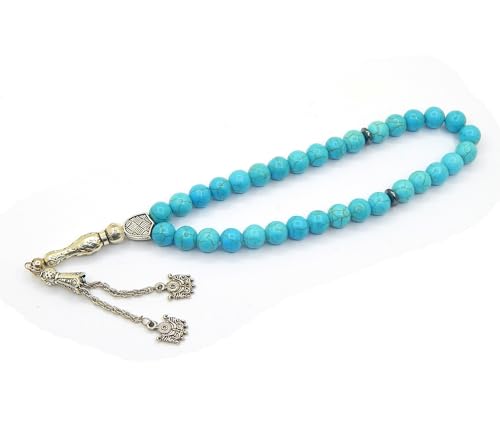 Perlin Muslim Prayer Beads 33 Bead Turquoise Tasbih Islamic Misbaha Subha Dhikr Beads with 10mm Polished Blue Turquoise Gemstone Beads Hematite Spacers, 925 Sterling Silver Imam Ottoman Style Rosary