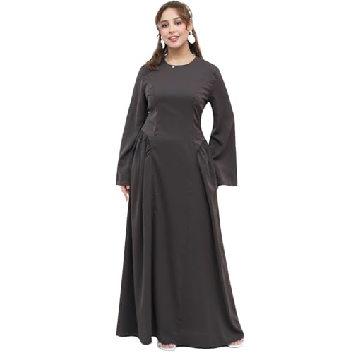 Muslim Abaya Dress for Women Smooth Back Zipper Belt Daily Prayer Eid Dress - color: Dark Coffee, size: Small
