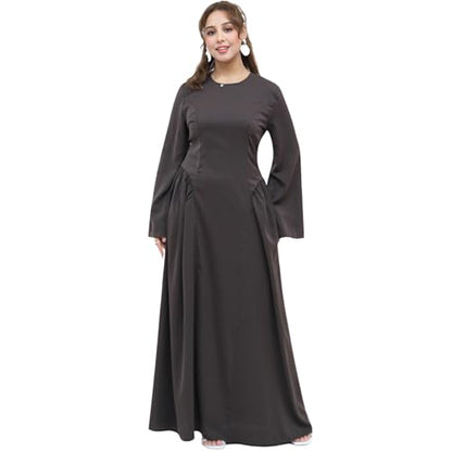 Muslim Abaya Dress for Women Smooth Back Zipper Belt Daily Prayer Eid Dress - color: Dark Coffee, size: Large