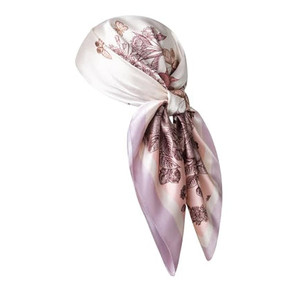 Silk-Feel 35x35 Satin Hair Scarf | Multi-Way Head Wrap for Sleep, Style & Hijab | Gift-Ready Fashion Scarf for Women - color: Pink-flowers