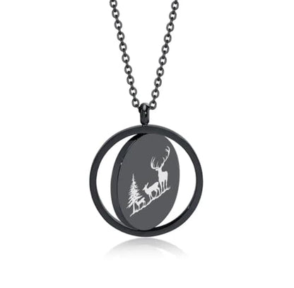 Religious Christian Cross/Freemasonry/Mountain Forest Jewelry 25mm Stainless Steel Round ID Tag Spinner Pendant Necklaces,Hiking Camping Lover Gift - style: Black-Forest Deer Family A