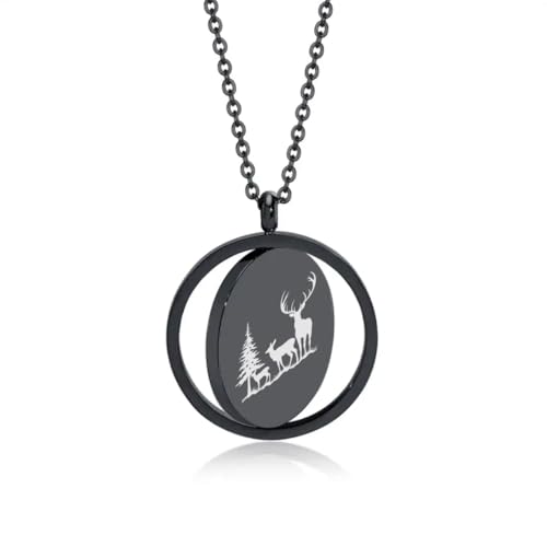 Religious Christian Cross/Freemasonry/Mountain Forest Jewelry 25mm Stainless Steel Round ID Tag Spinner Pendant Necklaces,Hiking Camping Lover Gift - style: Black-Forest Deer Family A